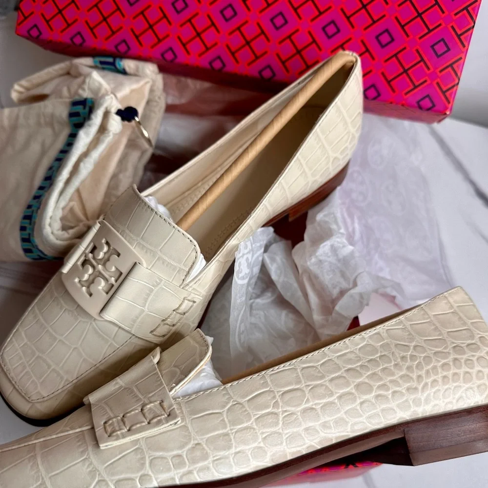 Tory Burch Ivory Croc-Embossed Loafers